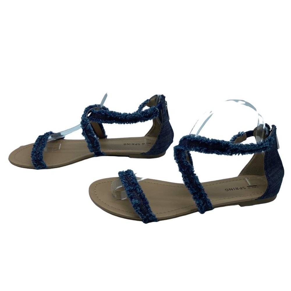 Call It Spring Women Size 8 Frayed Blue Denim Strappy Flat Sandal